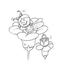 Coloriage Maya l'abeille assise sur une fleur avec un pot de miel