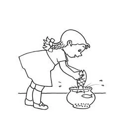 Coloriage Mimi Cracra versant un poisson dans un bocal