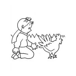 Coloriage Mimi Cracra agenouillée devant un coq