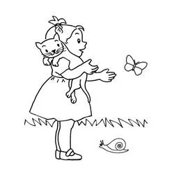 Coloriage Mimi Cracra tenant son chat près d'un papillon