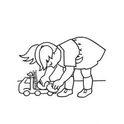 Coloriage Mimi Cracra jouant avec un camion de pompier