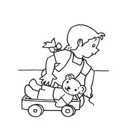 Coloriage Mimi Cracra dans une petite charrette avec son ours en peluche