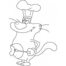Coloriage Oggy déguisé en cuisinier avec une saucisse