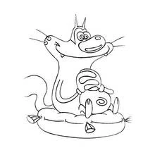 Coloriage Oggy flottant sur une bouée avec un cafard