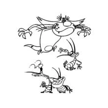 Coloriage Oggy sautant au-dessus de Joey et Marky les cafards