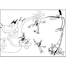 Coloriage Oggy poursuivant les trois cafards