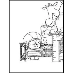 Coloriage Ollie et Moon mesurant leur taille sur un échafaudage