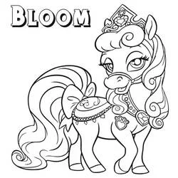 Coloriage Bloom le poney portant une couronne et une selle