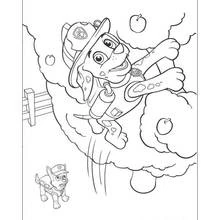 Coloriage Marshall bondissant dans un nuage avec des pommes