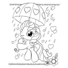 Coloriage Petit Poney sous un parapluie de cœurs