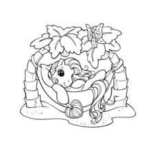 Coloriage Petit Poney allongé dans un hamac sur la plage