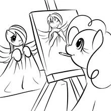 Coloriage Petit Poney Pinkie Pie peint un portrait sur un chevalet