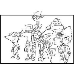 Coloriage Phinéas et Ferb en tenue d'aventuriers avec leurs amis
