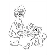 Coloriage Pierre le facteur avec son sac de courrier et son chat