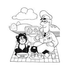 Coloriage Pierre le facteur pique-niquant avec le chat Jess