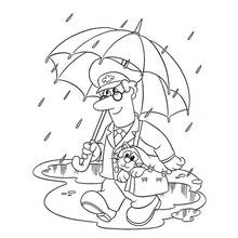 Coloriage Pierre le facteur marchant sous la pluie avec son chat
