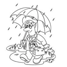 Coloriage Pierre le facteur sous la pluie avec son chat