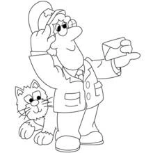 Coloriage Pierre le facteur tenant une lettre avec son chat