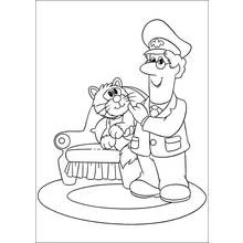 Coloriage Pierre le facteur caressant le chat sur un fauteuil