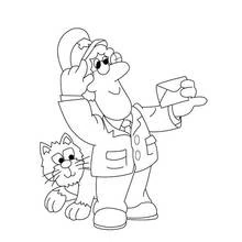 Coloriage Pierre le facteur tenant une lettre avec son chat