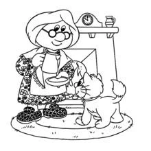 Coloriage Grand-mère de Pierre le facteur nourrissant le chat
