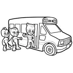 Coloriage Pyjamasques près d'un bus scolaire