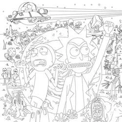 Coloriage Rick et Morty dans une aventure sur une planète extraterrestre