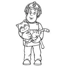 Coloriage Sam le Pompier tenant un chat sauvé