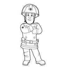 Coloriage Sam le Pompier debout les bras croisés