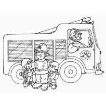 Coloriage Sam le Pompier avec des enfants près du camion