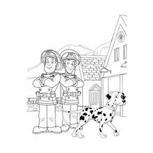 Coloriage Sam le Pompier et un collègue avec un chien dalmatien