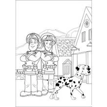 Coloriage Sam le Pompier et son collègue devant la caserne