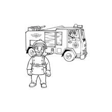 Coloriage Sam le Pompier debout devant le camion