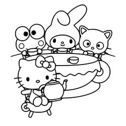 Coloriage Hello Kitty et ses amis autour d'un thé