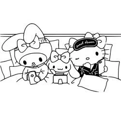 Coloriage Hello Kitty, My Melody et My Sweet Piano en pyjama sur le lit