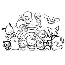 Coloriage Personnages Sanrio réunis sous un arc-en-ciel