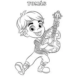 Coloriage Tomás jouant de sa guitare décorée d'un crâne