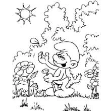 Coloriage Schtroumpf attrapant un pétale dans la forêt Coloriage Schtroumpf attrapant un pétale dans la forêt