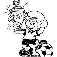 Coloriage Schtroumpf vainqueur brandissant un trophée