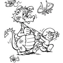 Coloriage Schtroumpf jouant avec un dragon amical