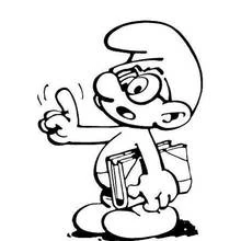 Coloriage Schtroumpf à lunettes tenant des livres et levant le doigt