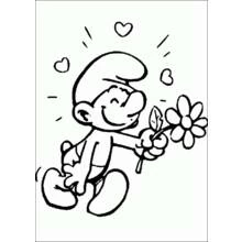 Coloriage Schtroumpf tenant une fleur entouré de cœurs Coloriage Schtroumpf tenant une fleur entouré de cœurs