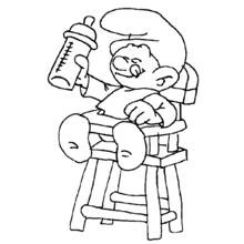 Coloriage Schtroumpf assis dans une chaise haute avec un biberon Coloriage Schtroumpf assis dans une chaise haute avec un biberon