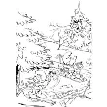 Coloriage Schtroumpfs skiant et coupant du bois en forêt Coloriage Schtroumpfs skiant et coupant du bois en forêt