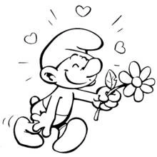 Coloriage Schtroumpf offrant une fleur entouré de cœurs