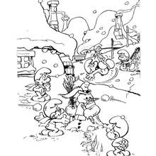 Coloriage Schtroumpfs jouant dans la neige autour d'un bonhomme de neige