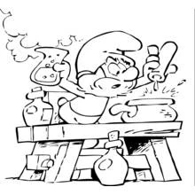 Coloriage Schtroumpf préparant une potion sur son établi