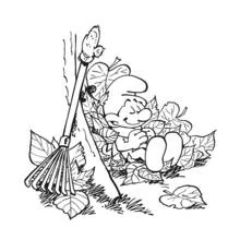 Coloriage Schtroumpf paresseux endormi dans les feuilles Coloriage Schtroumpf paresseux endormi dans les feuilles