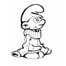 Coloriage Schtroumpf assis avec une mine grognon