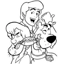 Coloriage Scooby-doo, Sammy et Fred partageant un sandwich
